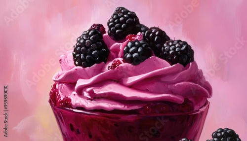 Oil painting depicting a rich berry mousse adorned with fresh blackberries showcasing a selective focus on the dessert s vibrant textures photo