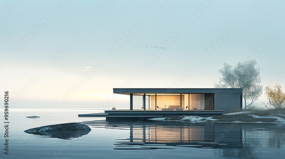 Serene lakeside home with minimalist design, showcasing large windows and open spaces, set against a tranquil evening backdrop. Ideal for promoting modern architecture, waterfront properties, and Serene lakeside home with minimalist design, showcasing large windows and open spaces, set against a tranquil evening backdrop. Ideal for promoting modern architecture, waterfront properties, and