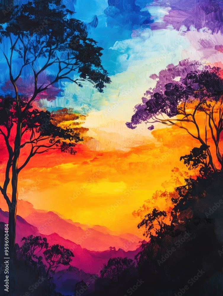 Vibrant oil painting of a colorful sunset with silhouetted trees ideal for use as a website background Vibrant oil painting of a colorful sunset with silhouetted trees ideal for use as a website background