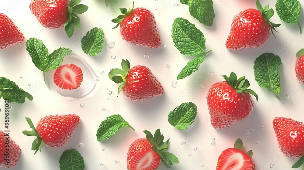 A vibrant arrangement of strawberries and mint leaves, evoking freshness and health. A vibrant arrangement of strawberries and mint leaves, evoking freshness and health.