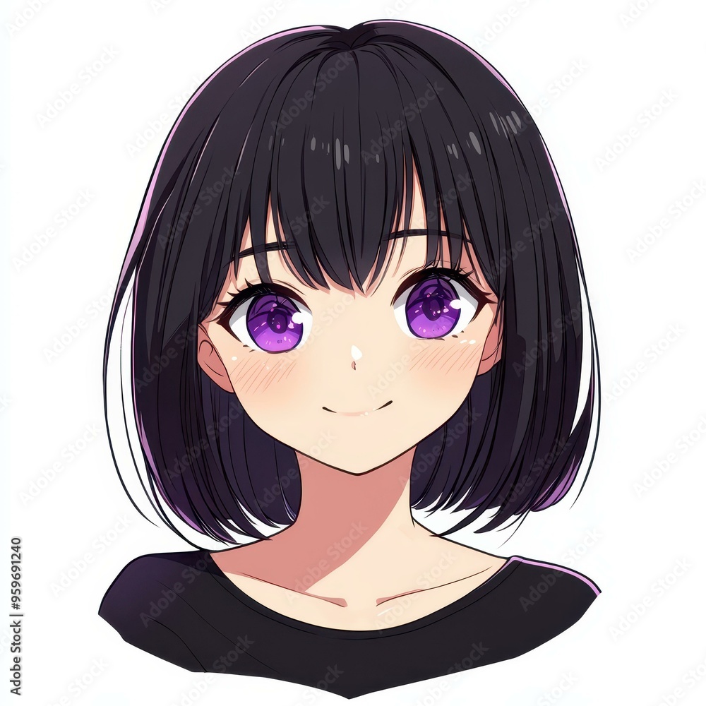 A sweet mangastyle girl with black hair, purple eyes, and a joyful smile brings charm to any art piece. A sweet mangastyle girl with black hair, purple eyes, and a joyful smile brings charm to any art piece.
