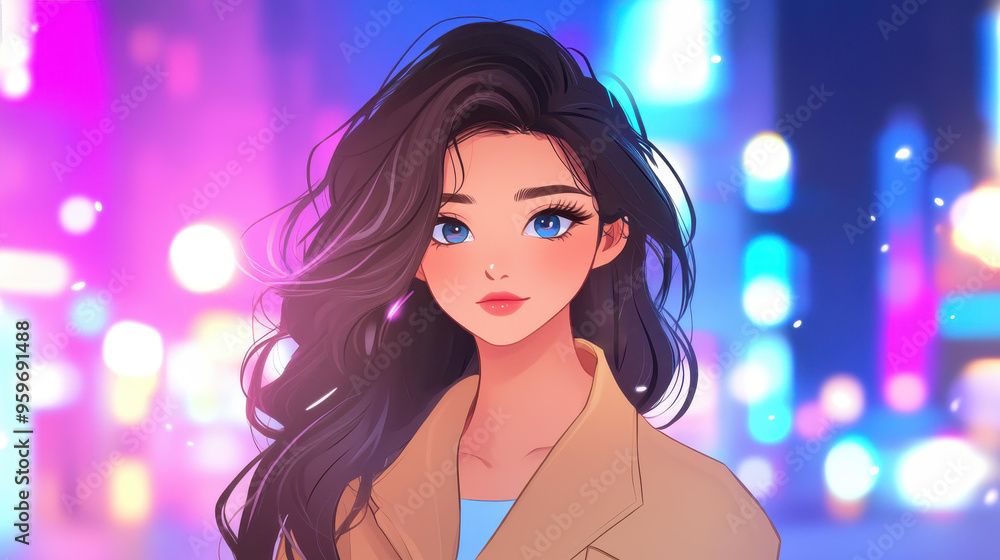 A vibrant portrait of a woman adorned in neon light, capturing the essence of modern urban life in a playful illustration. A vibrant portrait of a woman adorned in neon light, capturing the essence of modern urban life in a playful illustration.