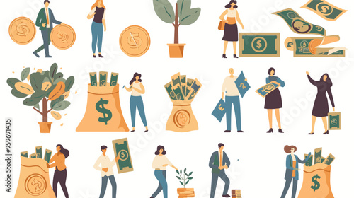 Tiny people with money. Budget elements, different poses persons, woman waters money tree, man rolls large coin, holding bill, millionaire on full bags, businessman with cash, vector set
