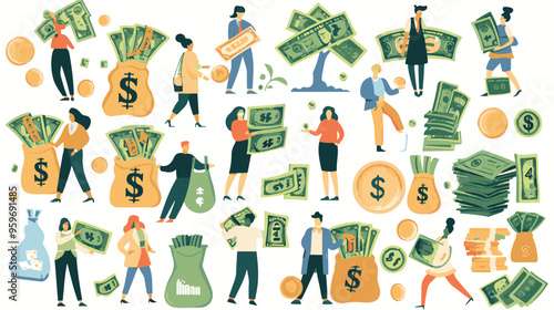Tiny people with money. Budget elements, different poses persons, woman waters money tree, man rolls large coin, holding bill, millionaire on full bags, businessman with cash, vector set
