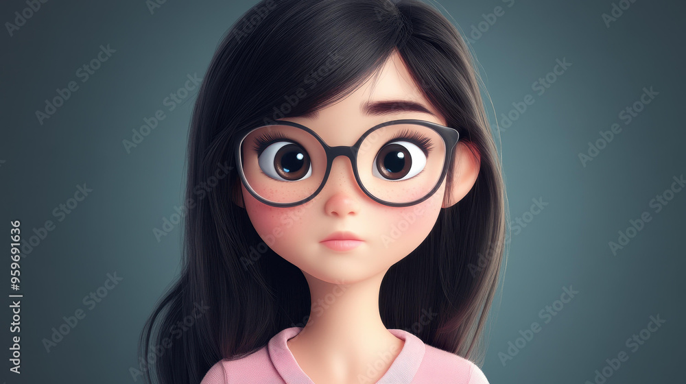 A cute cartoon of a skinny Asian girl, years old, wearing glasses, full of charm and playful spirit. A cute cartoon of a skinny Asian girl, years old, wearing glasses, full of charm and playful spirit.