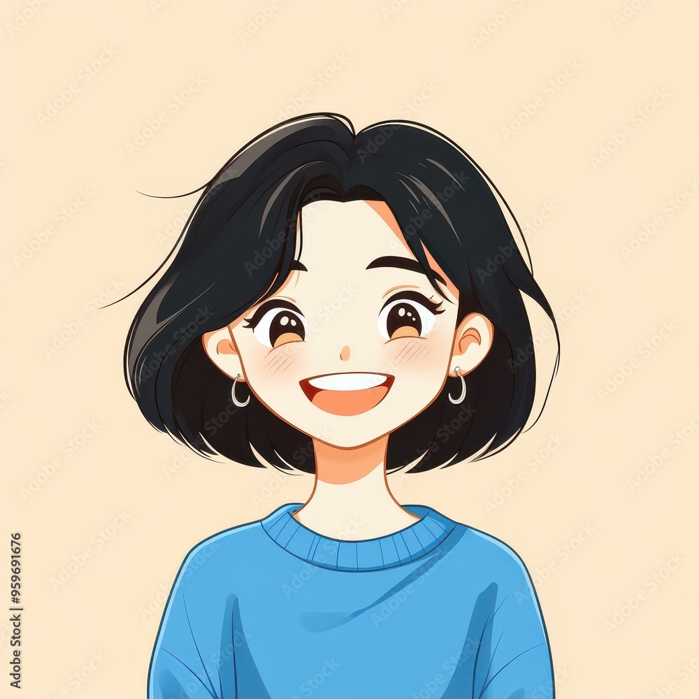 A quirky illustration of a cheerful girl with short black hair, blue sweater, and stylish earrings, radiating joy in a minimalist style. A quirky illustration of a cheerful girl with short black hair, blue sweater, and stylish earrings, radiating joy in a minimalist style.