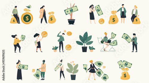 Tiny people with money. Budget elements, different poses persons, woman waters money tree, man rolls large coin, holding bill, millionaire on full bags, businessman with cash, vector set
