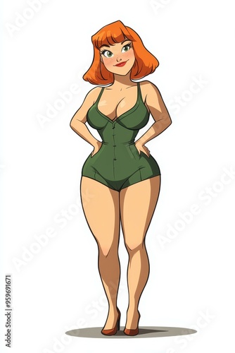 A captivating illustration of a curvy woman in stylish momcore attire, flaunting her ginger bob hairstyle with confidence. photo