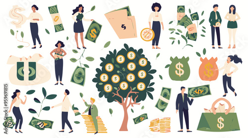 Tiny people with money. Budget elements, different poses persons, woman waters money tree, man rolls large coin, holding bill, millionaire on full bags, businessman with cash, vector set
