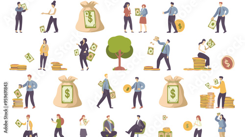 Tiny people with money. Budget elements, different poses persons, woman waters money tree, man rolls large coin, holding bill, millionaire on full bags, businessman with cash, vector set
