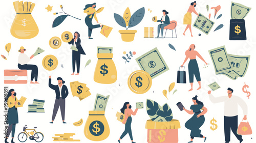 Tiny people with money. Budget elements, different poses persons, woman waters money tree, man rolls large coin, holding bill, millionaire on full bags, businessman with cash, vector set

