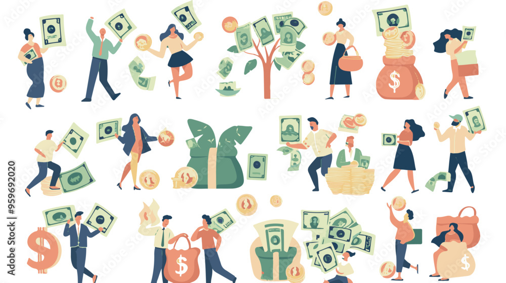 Tiny people with money. Budget elements, different poses persons, woman waters money tree, man rolls large coin, holding bill, millionaire on full bags, businessman with cash, vector set
Tiny people with money. Budget elements, different poses persons, woman waters money tree, man rolls large coin, holding bill, millionaire on full bags, businessman with cash, vector set