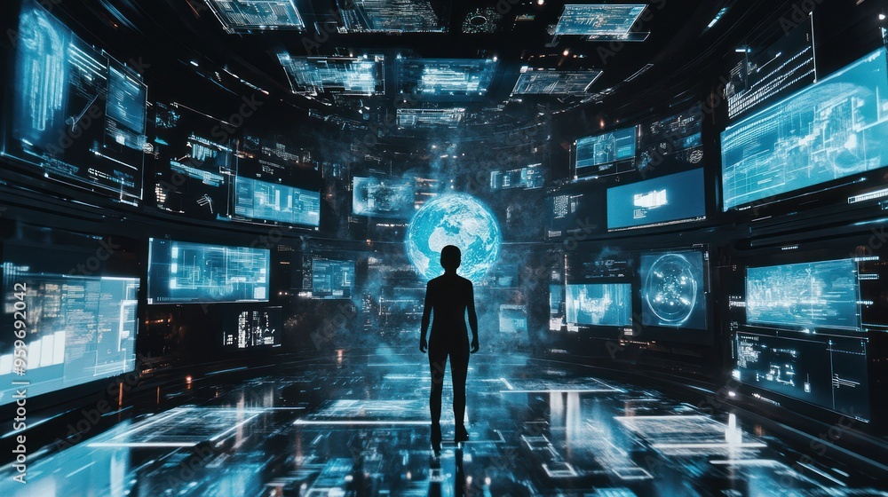 A lone figure stands in a futuristic digital world, surrounded by screens displaying data and a holographic globe. A lone figure stands in a futuristic digital world, surrounded by screens displaying data and a holographic globe.