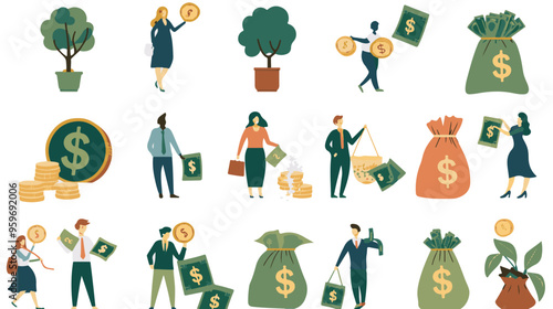 Tiny people with money. Budget elements, different poses persons, woman waters money tree, man rolls large coin, holding bill, millionaire on full bags, businessman with cash, vector set
