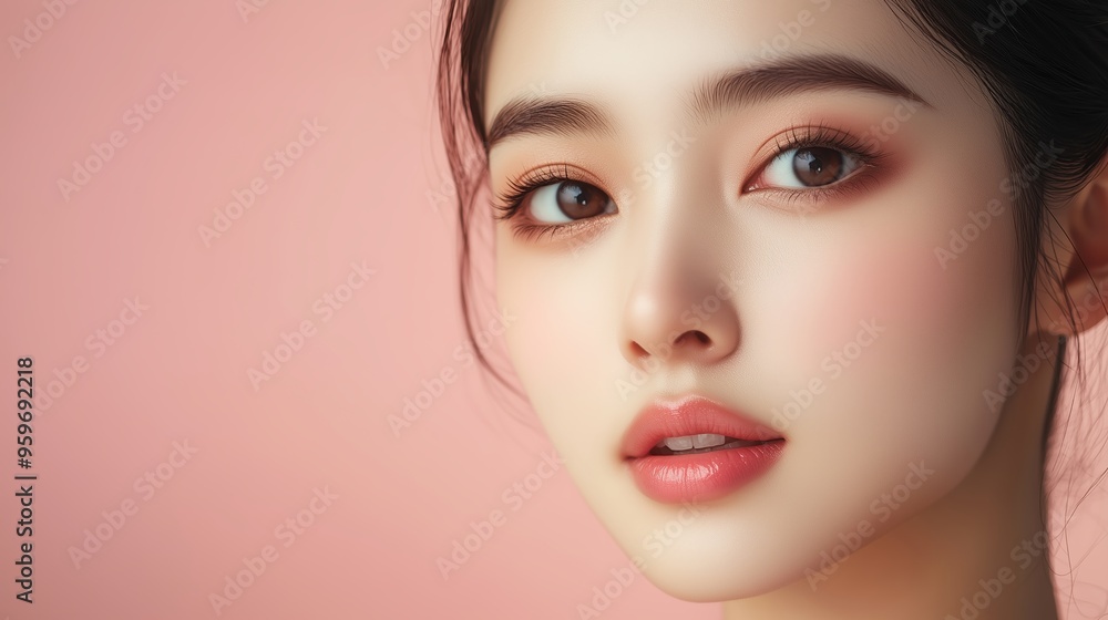 A close-up portrait of a woman with radiant skin and subtle makeup against a soft pink background in a serene setting A close-up portrait of a woman with radiant skin and subtle makeup against a soft pink background in a serene setting