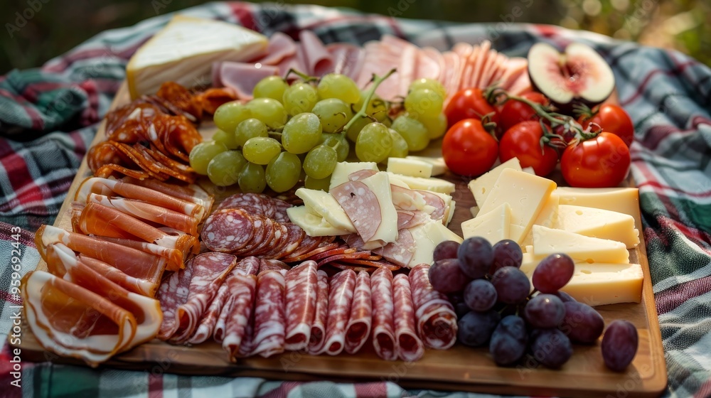 Charcuterie board with cold cuts, fresh fruits and cheese on a picnic cloth Charcuterie board with cold cuts, fresh fruits and cheese on a picnic cloth