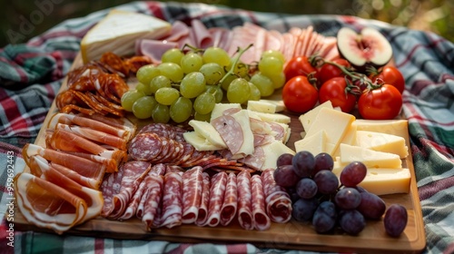 Charcuterie board with cold cuts, fresh fruits and cheese on a picnic cloth