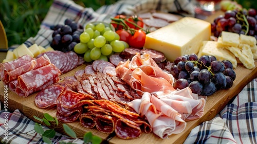 Charcuterie board with cold cuts, fresh fruits and cheese on a picnic cloth