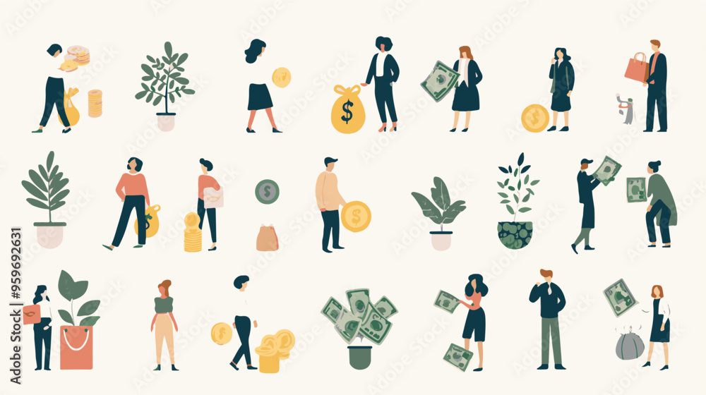 Tiny people with money. Budget elements, different poses persons, woman waters money tree, man rolls large coin, holding bill, millionaire on full bags, businessman with cash, vector set
Tiny people with money. Budget elements, different poses persons, woman waters money tree, man rolls large coin, holding bill, millionaire on full bags, businessman with cash, vector set