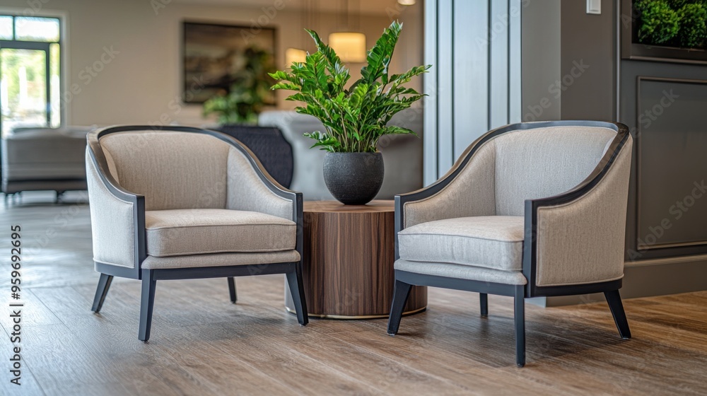 Modern Lounge Area with Elegant Chairs and Greenery Modern Lounge Area with Elegant Chairs and Greenery