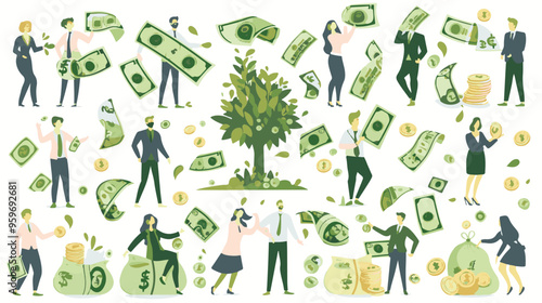 Tiny people with money. Budget elements, different poses persons, woman waters money tree, man rolls large coin, holding bill, millionaire on full bags, businessman with cash, vector set
