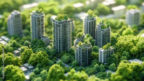 Modern Eco-Friendly High-Rise Buildings Surrounded by Lush Greenery in an Urban Environment