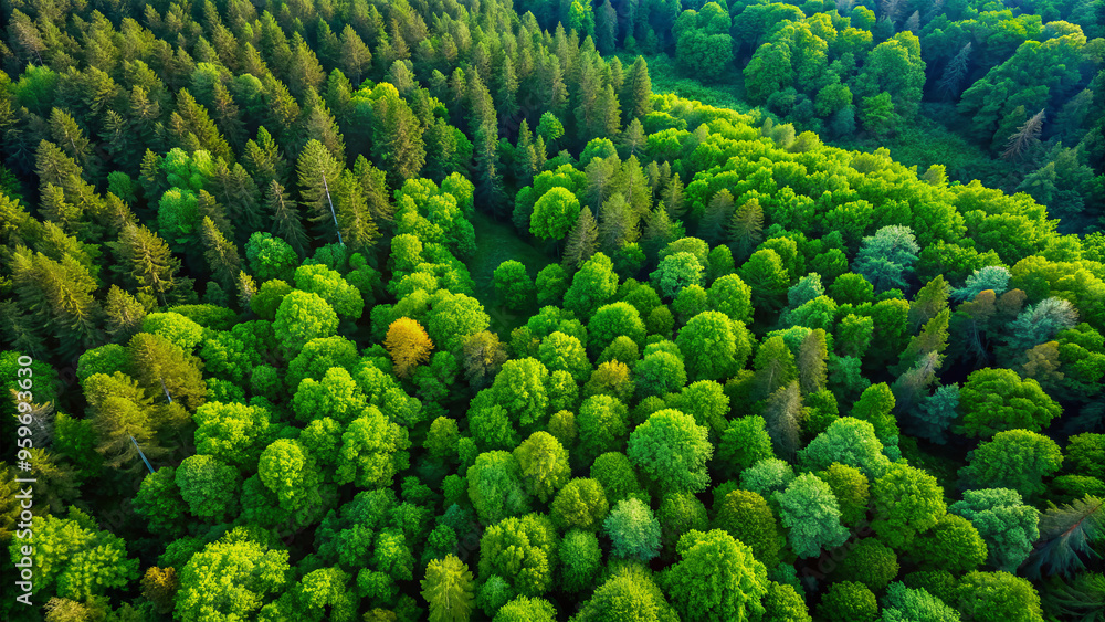The vibrant green treetops stretch across the landscape, revealing a mix of coniferous and deciduous trees under bright daylight, creating a peaceful atmosphere of nature The vibrant green treetops stretch across the landscape, revealing a mix of coniferous and deciduous trees under bright daylight, creating a peaceful atmosphere of nature