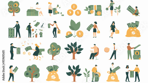 Tiny people with money. Budget elements, different poses persons, woman waters money tree, man rolls large coin, holding bill, millionaire on full bags, businessman with cash, vector set
