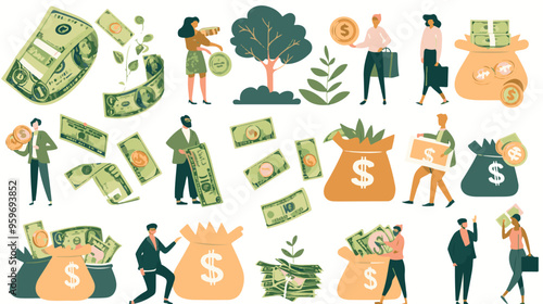 Tiny people with money. Budget elements, different poses persons, woman waters money tree, man rolls large coin, holding bill, millionaire on full bags, businessman with cash, vector set
