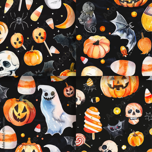 Watercolor Halloween Seamless Pattern   Pumpkin  Skull  Ghost  Bat  Candy Corn