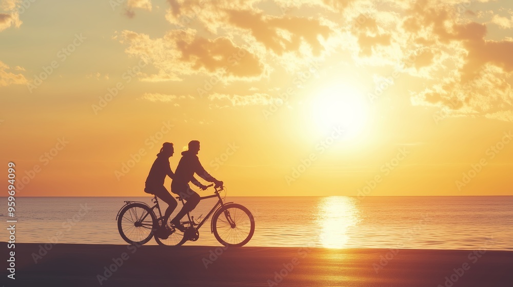 Fototapeta premium Cyclists enjoying a sunset ride along the beach while the sun casts a warm glow over the ocean