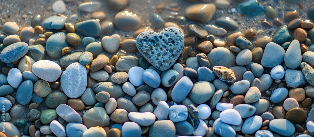 Heart shaped sea pebbles on a sandy beach A symbol of love or a romantic holiday concept Top view and copy space Heart shaped sea pebbles on a sandy beach A symbol of love or a romantic holiday concept Top view and copy space