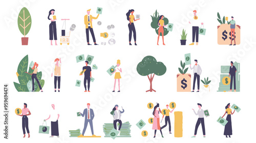 Tiny people with money. Budget elements, different poses persons, woman waters money tree, man rolls large coin, holding bill, millionaire on full bags, businessman with cash, vector set
