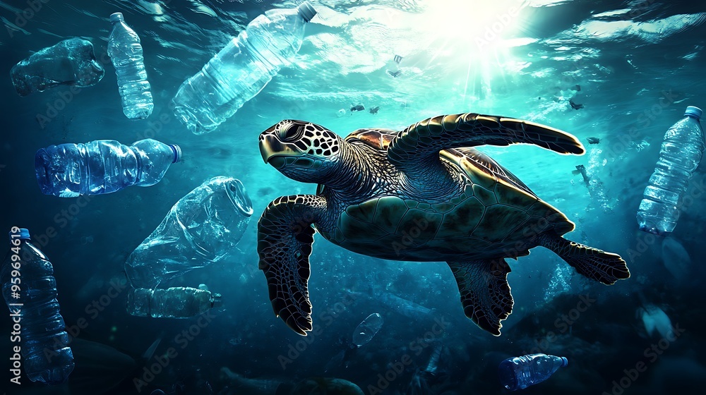 Obraz premium Sea Turtle Swimming Through Plastic Pollution