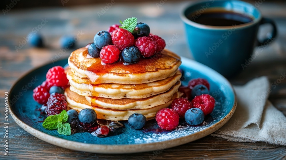 Stack of Pancakes with Berries and Coffee Stack of Pancakes with Berries and Coffee