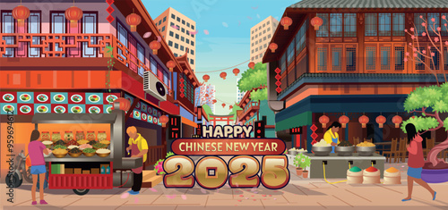 Panorama chinese street with old houses, chinese arch, lanterns and a garland. Vector illustration of city street in cartoon style.