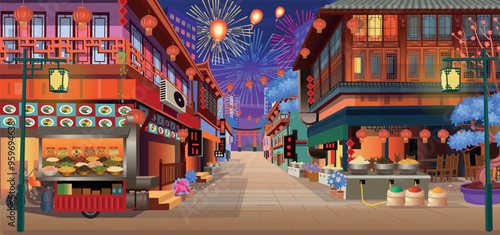 Panorama chinese street with old houses, chinese arch, lanterns and a garland. Vector illustration of city street in cartoon style.