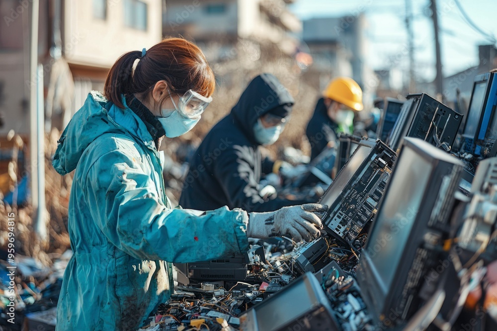 Woman in Protective Gear Sorting Electronic Waste Woman in Protective Gear Sorting Electronic Waste
