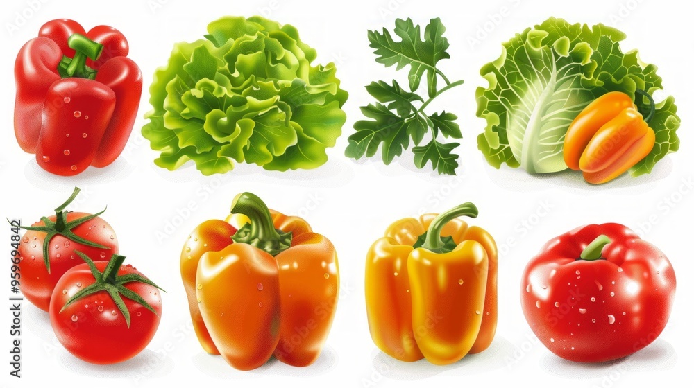Colorful vegetables are displayed in this vibrant image. There are red bell peppers, green lettuce, and fresh herbs. This illustration is perfect for recipes and healthy eating. AI Colorful vegetables are displayed in this vibrant image. There are red bell peppers, green lettuce, and fresh herbs. This illustration is perfect for recipes and healthy eating. AI