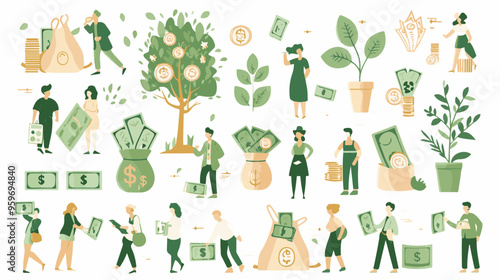 Tiny people with money. Budget elements, different poses persons, woman waters money tree, man rolls large coin, holding bill, millionaire on full bags, businessman with cash, vector set
