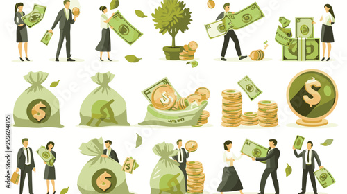 Tiny people with money. Budget elements, different poses persons, woman waters money tree, man rolls large coin, holding bill, millionaire on full bags, businessman with cash, vector set
