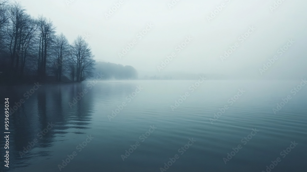 Fototapeta premium Foggy morning on a calm lake with bare trees along the shore.