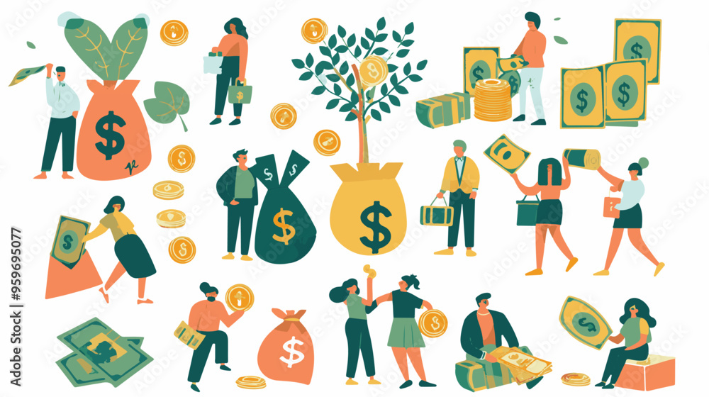 Tiny people with money. Budget elements, different poses persons, woman waters money tree, man rolls large coin, holding bill, millionaire on full bags, businessman with cash, vector set
Tiny people with money. Budget elements, different poses persons, woman waters money tree, man rolls large coin, holding bill, millionaire on full bags, businessman with cash, vector set