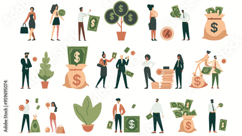 Tiny people with money. Budget elements, different poses persons, woman waters money tree, man rolls large coin, holding bill, millionaire on full bags, businessman with cash, vector set
