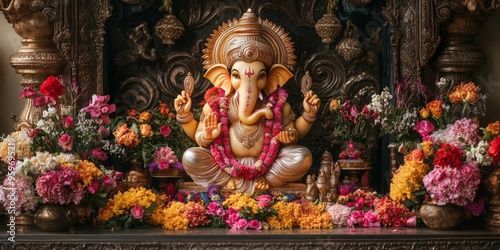 Majestic Ganesha Statue with Vibrant Festival Decorations