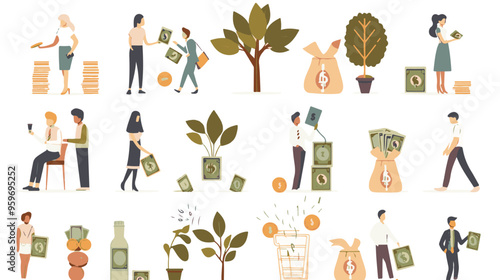 Tiny people with money. Budget elements, different poses persons, woman waters money tree, man rolls large coin, holding bill, millionaire on full bags, businessman with cash, vector set
