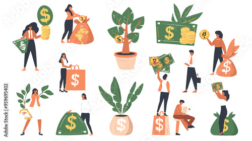 Tiny people with money. Budget elements, different poses persons, woman waters money tree, man rolls large coin, holding bill, millionaire on full bags, businessman with cash, vector set
