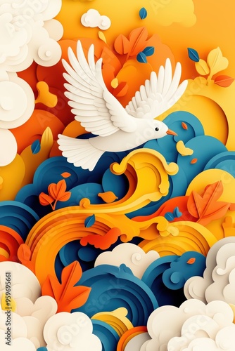 Chinese Style White Pigeon with Auspicious Clouds, Chirping Birds & Distant Mountains - Colorful Gradient Illustration photo