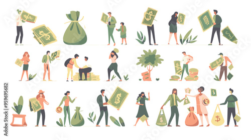 Tiny people with money. Budget elements, different poses persons, woman waters money tree, man rolls large coin, holding bill, millionaire on full bags, businessman with cash, vector set
