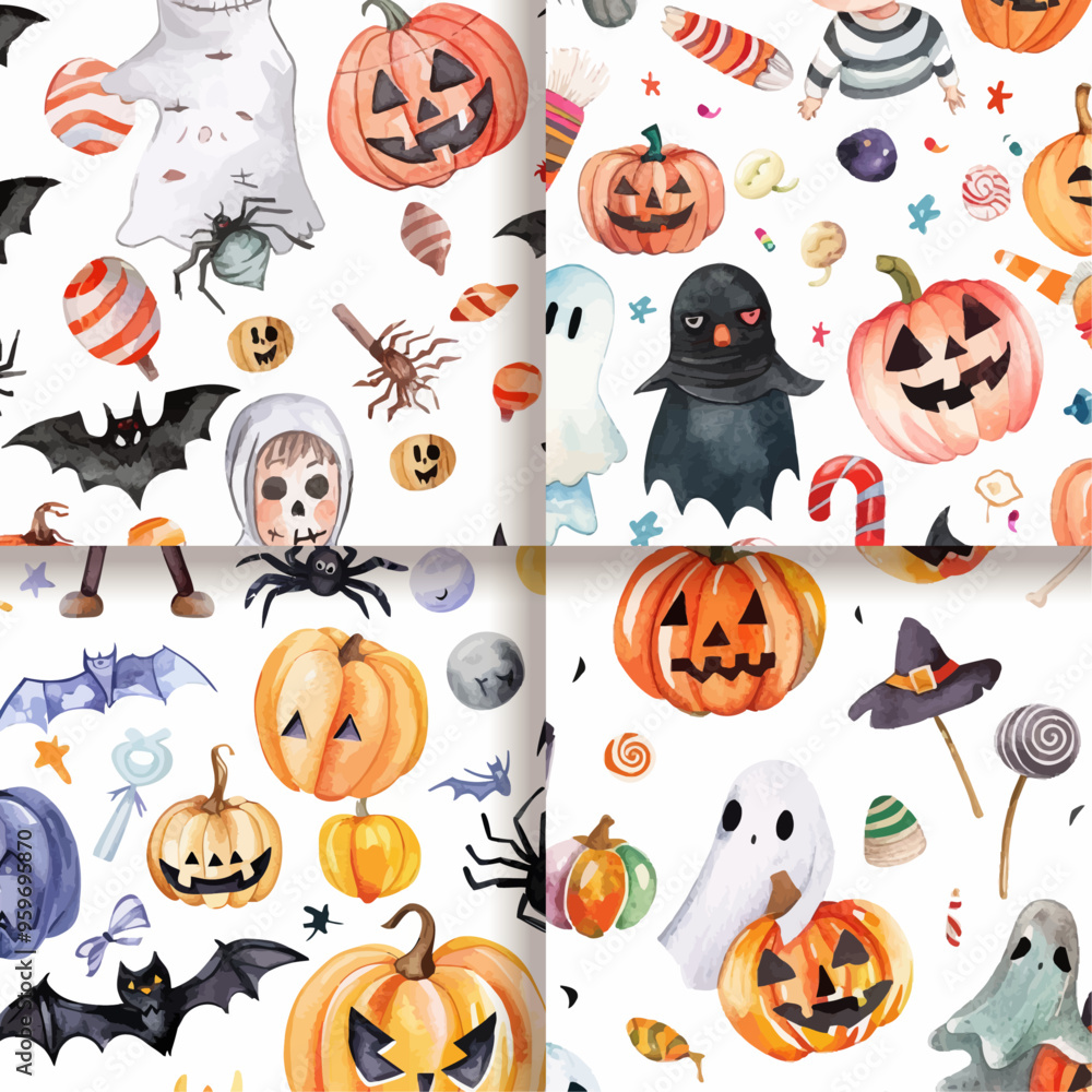 Fototapeta premium Watercolor Halloween Seamless Pattern with Kids Pumpkins Bats and Spiders